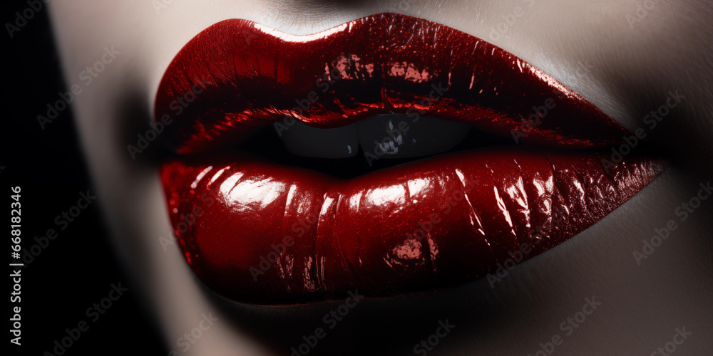 Rote Sexy Lippen einer Frau mit Brillianten Gloss Shine Nahaufnahme im Querfornat für Banner, ai generativ - obrazy, fototapety, plakaty 
