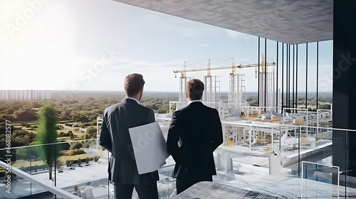 Back view of two male developers wearing hardhats standing on rooftop and talking about apartment facades,Generated Ai