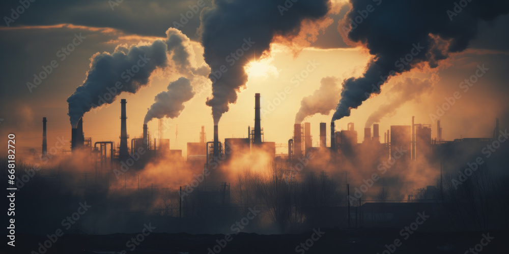 vue panoramique sur une zone industrielle émettant de grande quantité de fumée polluante