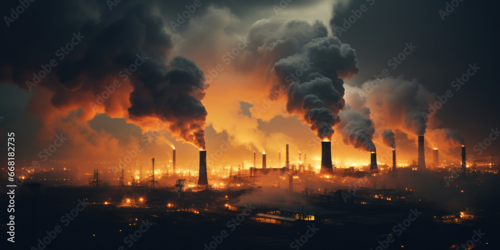vue panoramique sur une zone industrielle émettant de grande quantité de fumée polluante - obrazy, fototapety, plakaty 