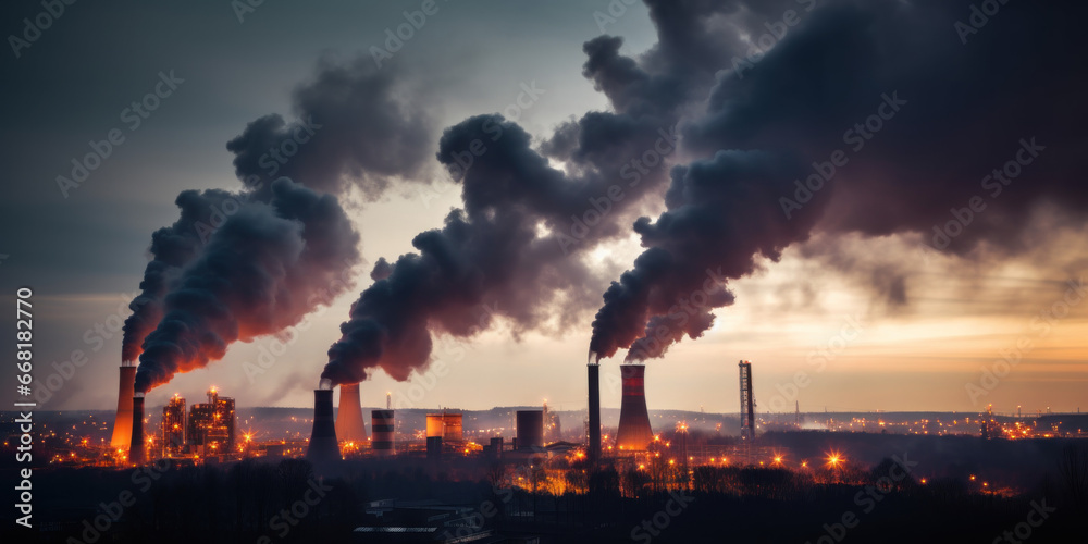 vue panoramique sur une zone industrielle émettant de grande quantité de fumée polluante