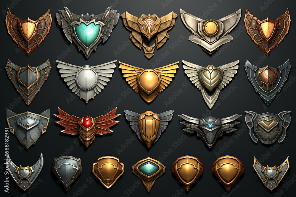 Leagues shields of rating icons for mobile game. UI victory trophy ...