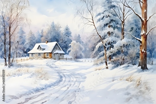 Watercolor winter forest landscape with a forest cabin and snowy trees