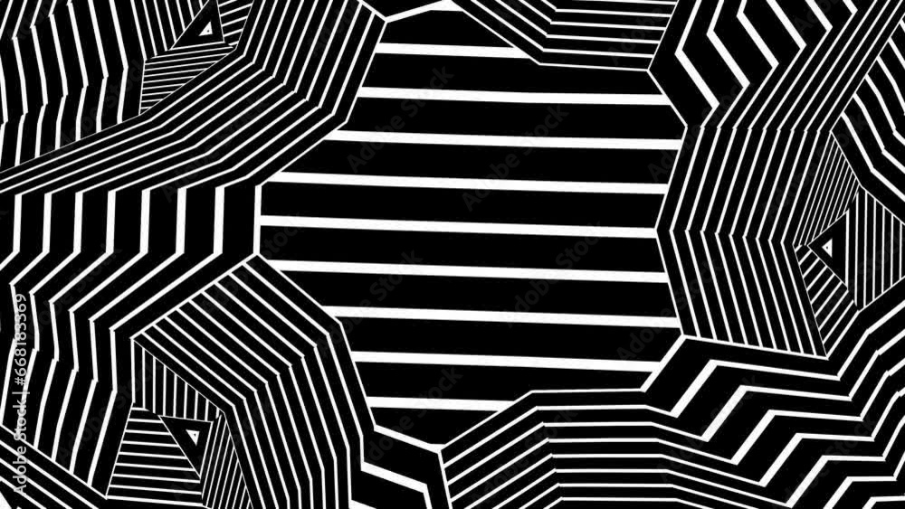 Abstract background with black and white stripes.Seamless loop video.Monochrome pattern.
