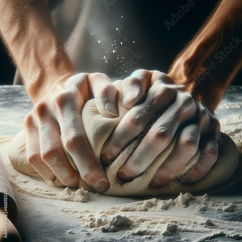 Hands kneading dough on table with flour  light shining  particles flying  baking process.