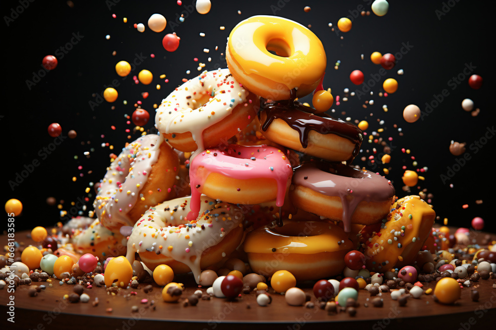Flying donuts scene - mix of multi colored sweet donuts with sprinkles Flying donuts scene - mix of multi colored sweet donuts with sprinkles
