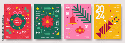 Merry Christmas and Happy New Year abstract geometric cards design. Modern Xmas design with typography, geometric patterns and elements. Vector templates for banner, poster, holiday cover.