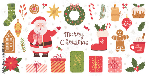 Set of Christmas elements and decorations.  Santa Claus, wreath, holly, gifts, branches spruce, red berries, christmas balls, cup cacao. Perfect for scrapbooking, greeting card, poster, stickers.