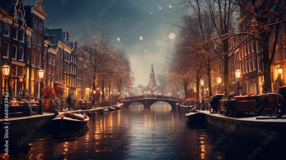 Amsterdam Netherlands canals with Christmas lights during December, canal historical center of Amsterdam at night. Europe. Holland