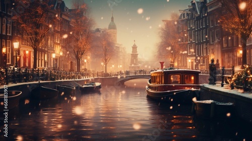 Amsterdam Netherlands canals with Christmas lights during December, canal historical center of Amsterdam at night. Europe. Holland photo