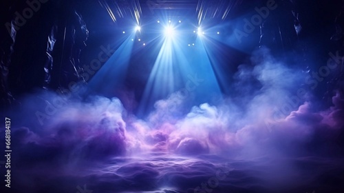 Close up Illuminated stage with scenic lights and smoke. Blue purple spotlight with smoke volume light effect on dark background. Realistic modern 3d empty minimal scene mockup design