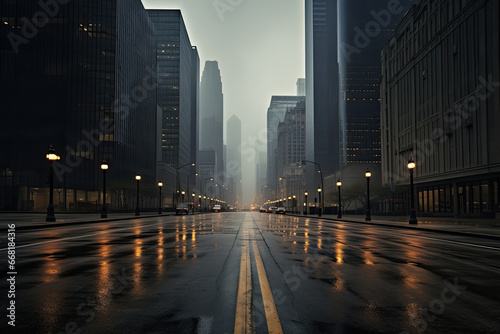 Empty urban cityscape with road between Skyscrapers