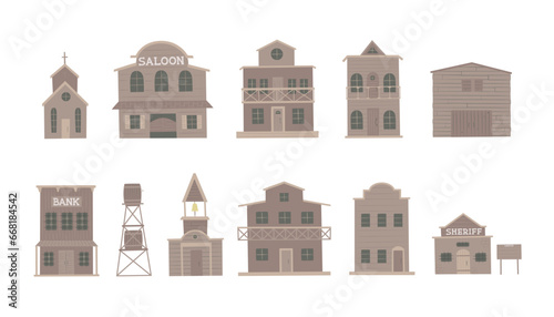 Wild west city. Western wood buildings saloon, bank, house, sheriff office vector illustration set