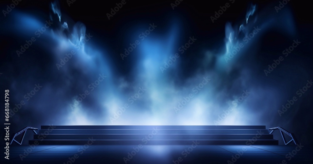 Close up Illuminated stage with scenic lights and smoke. Blue purple spotlight with smoke volume light effect on dark background. Realistic modern 3d empty minimal scene mockup design