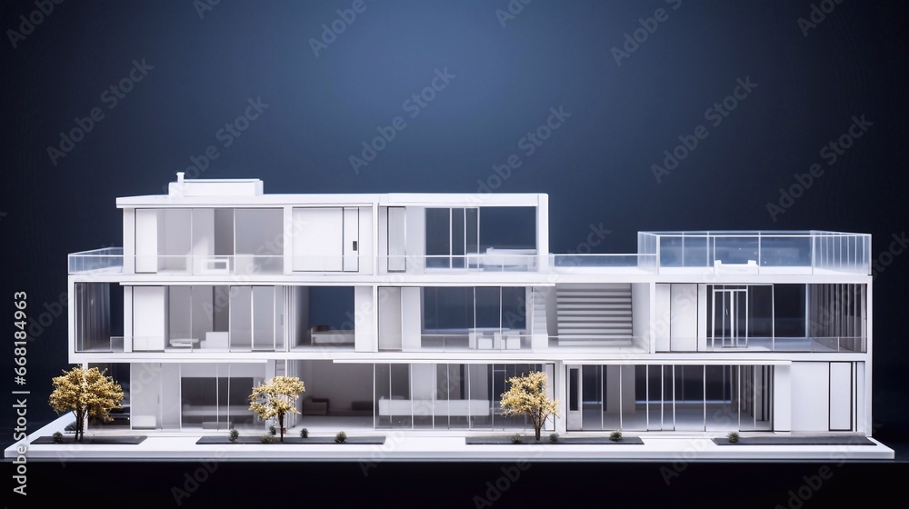 3D rendering modern generic contemporary style miniature section model of townhouse on clean background. Blank mock up banner with copyspace area for text 3D rendering modern generic contemporary style miniature section model of townhouse on clean background. Blank mock up banner with copyspace area for text