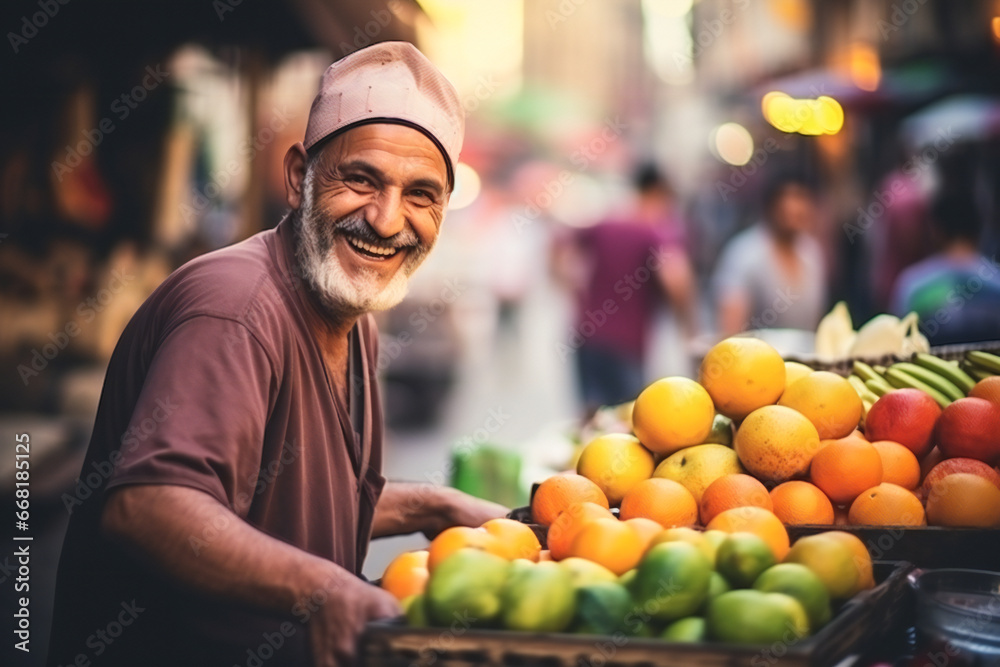 An old smiling street vendor selling colorful fruits in a marketplace in Middle East