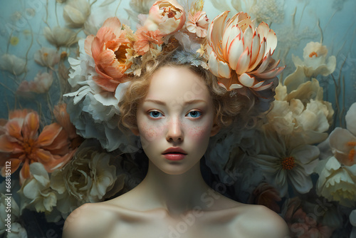 Elegant composition of a young woman head with abstract decorative floral elements in her hair
