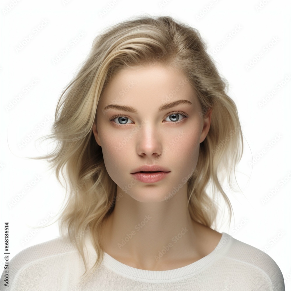 Studio portrait of a young pretty blonde woman with clean, well-groomed skin and blue eyes on a white background.
Studio portrait of a young pretty blonde woman with clean, well-groomed skin and blue eyes on a white background.