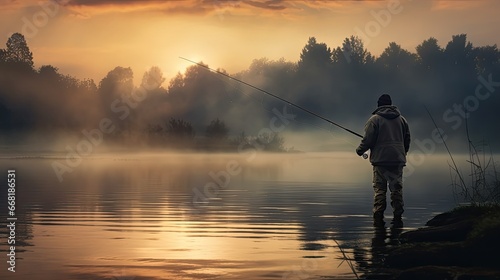 fisherman with a fishing rod catches fish on the river © Ирина Рычко