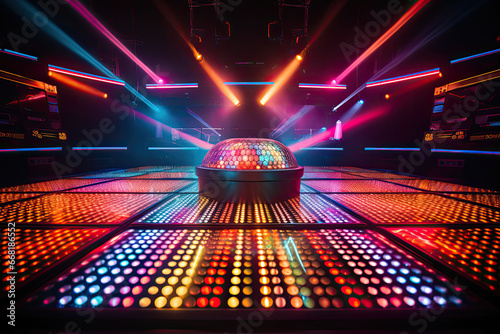 A concert stage of the 70s disco era with a shimmering disco ball and neon lights.