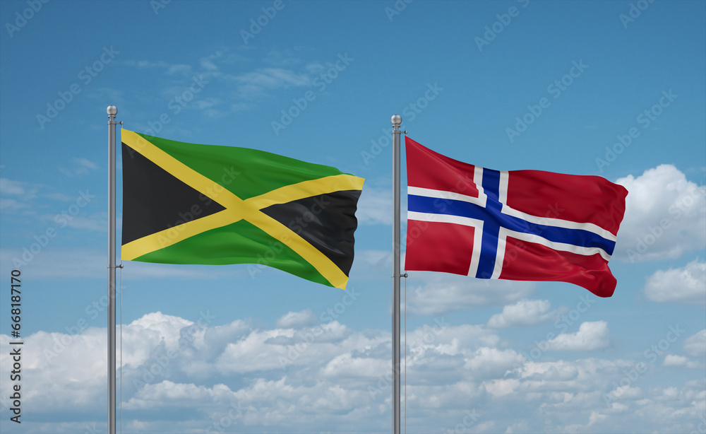 Naklejka premium Norway and Jamaica flags, country relationship concept
