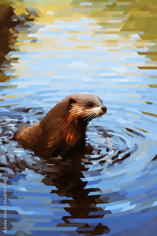 Fototapeta premium A pixelated mosaic of a playful river otter swimming in a pixelated stream.