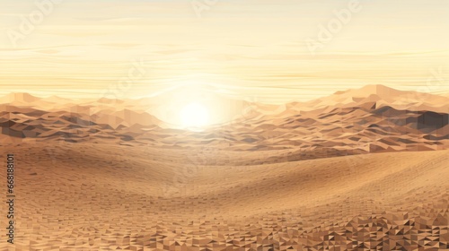 A pixelated rendition of a pixelated desert landscape with pixelated sand dunes stretching to the horizon.