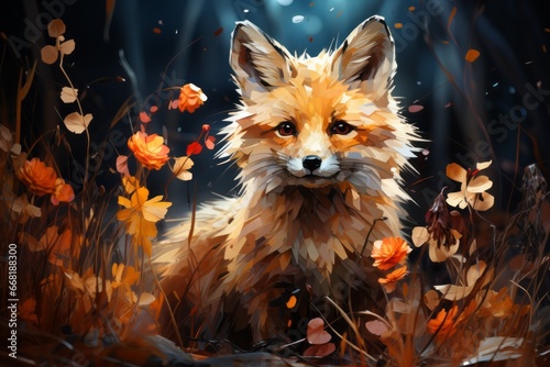 A pixelated digital illusion of a playful red fox, its fur depicted with a blend of warm, pixelated hues. © Oleksandr