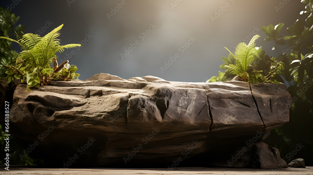 Product Display in a Natural Stone Podium Surrounded by Greenery . generated by Ai. Product Display in a Natural Stone Podium Surrounded by Greenery . generated by Ai.