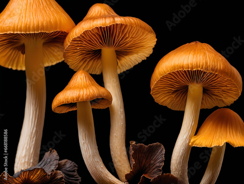 A group of orange mushrooms with long stems and wide caps