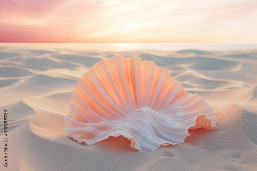 A pastel-coral seashell crafted from crumpled paper, resting on a pastel-peach sandy beach background. A pastel-coral seashell crafted from crumpled paper, resting on a pastel-peach sandy beach background.