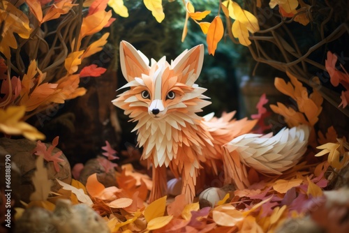 A crumpled paper figure of a pastel-orange fox, its bushy tail and cunning eyes set against a pastel-cream forest backdrop.