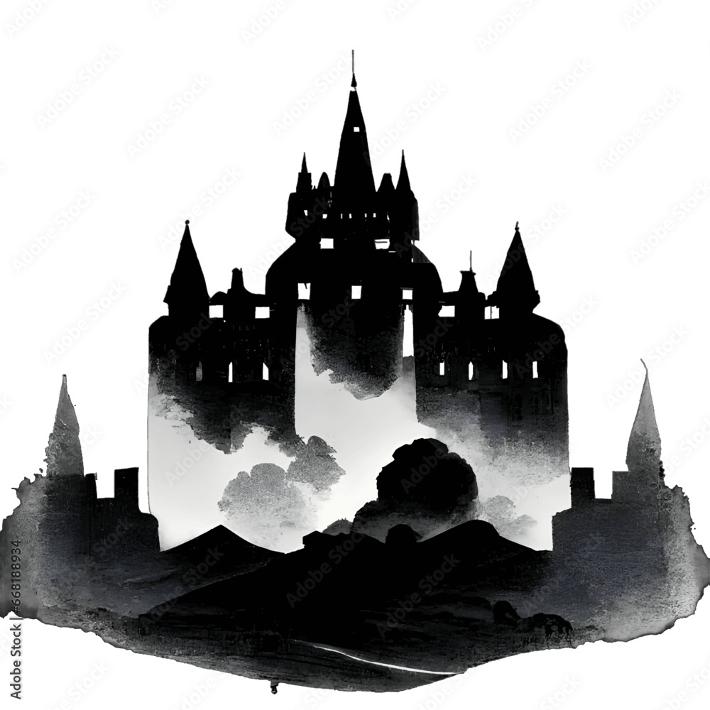Black silhouette of a castle on white background.