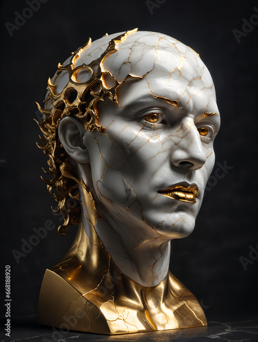 A 3d white marble sculpture of a face is made of gold