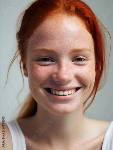 Close-up photo of a young smiling ginger woman. High quality