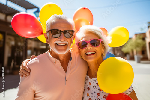 Outdoor portrait of a happy elderly couple with sunglasses wearing colorful shirts holding balloons