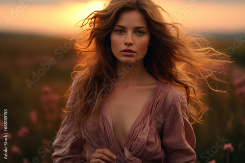Serene Woman with Curly Brown Hair Embracing Nature at Sunset © Denis