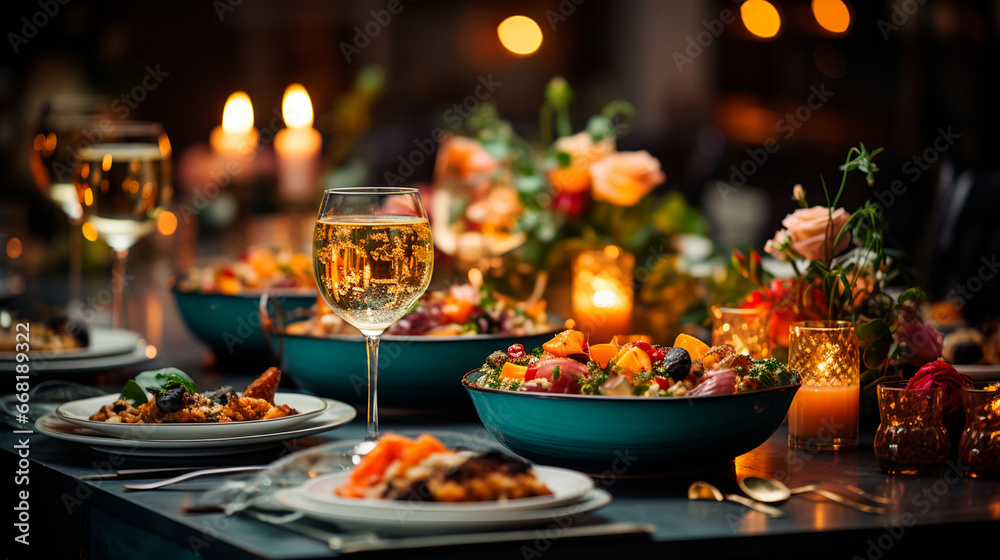 Glamorous New Year's Eve Celebration Table Decor with Sparkling Elegance. Generative AI.