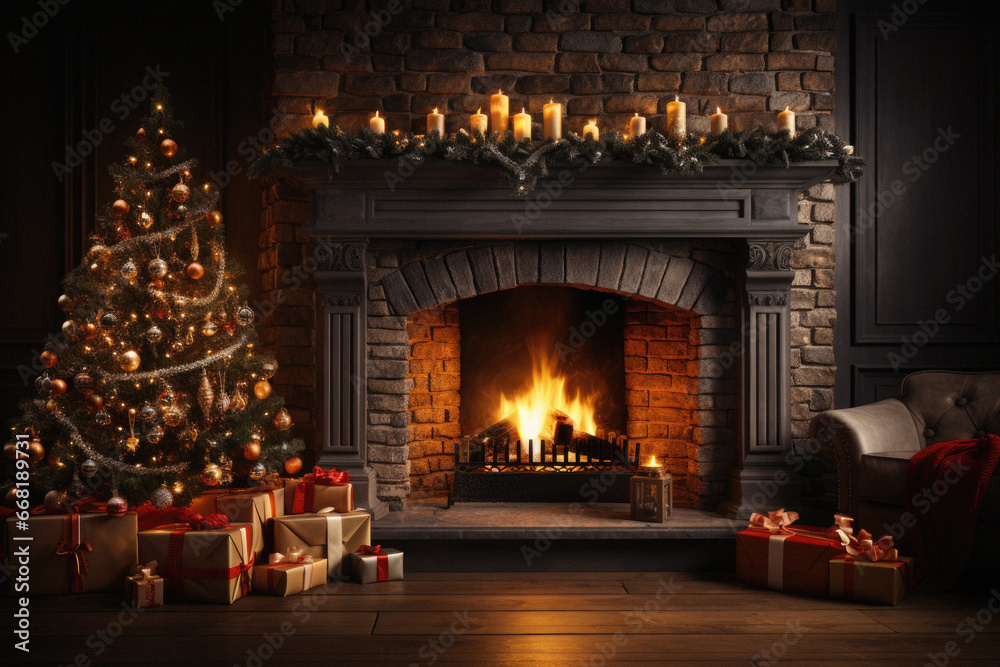 Fireplace with Christmas tree and gifts on wooden floor in dark room.