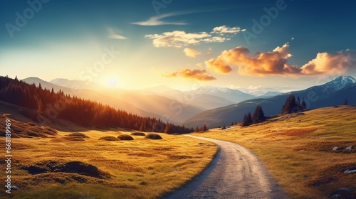Mountain autumn landscape. Grassy road to the mountains and hills during sunset. 