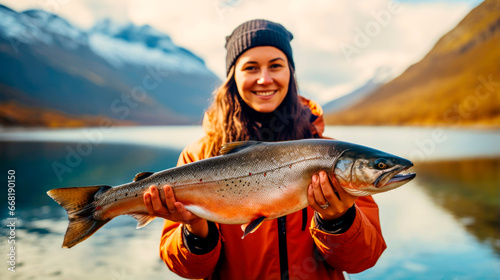 A woman is posing with a large atlantic salmon in her hands. AI Generated