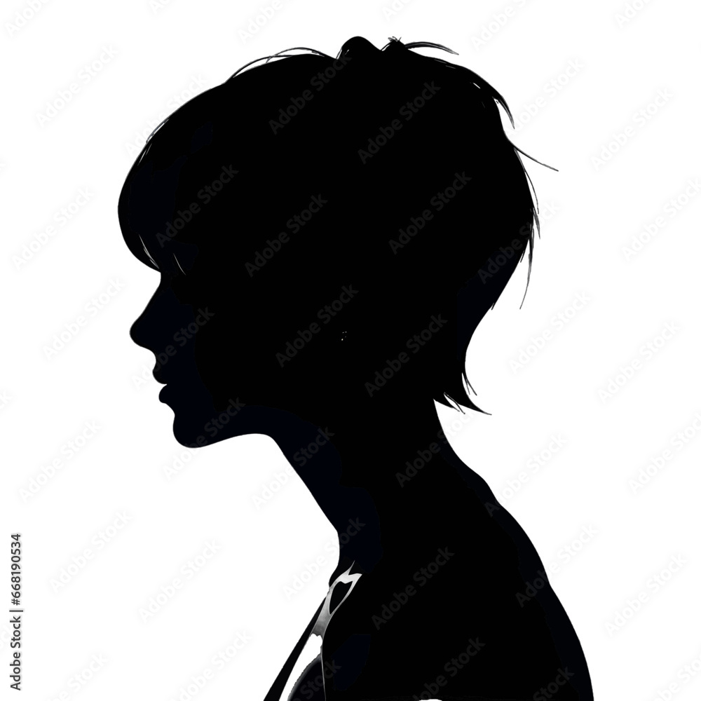 Black silhouette of side of a woman's bust on white background.