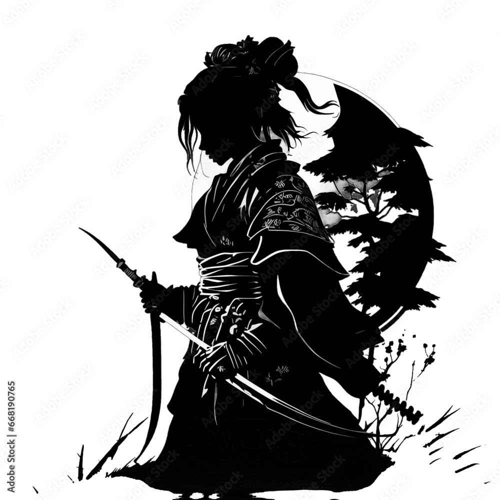 Black silhouette of a girl with a sword on grey background.