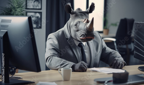 Rhinoceros works diligently in office. © smth.design