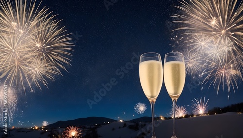 Champagne and fireworks. New Year celebration background.