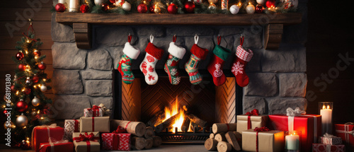 Christmas socks presents and fireplace in cozy living room with Christmas tree on background. © Synthetica