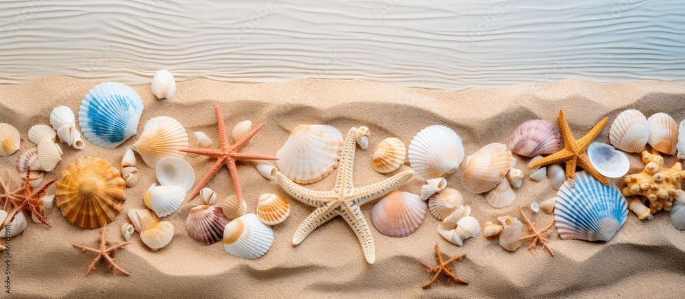 Obraz premium Birds eye view of a sandy beach with seashell and starfish imprints as textured backdrop