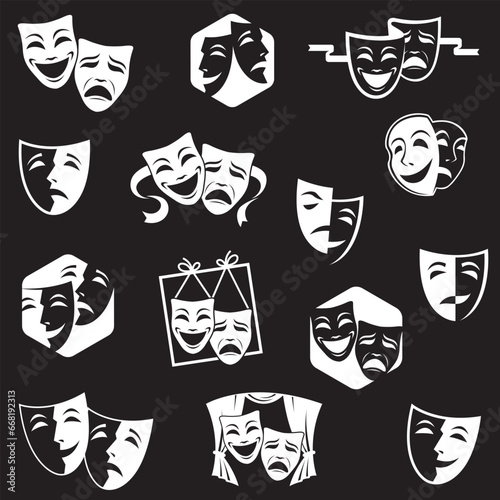 collection of comedy and tragedy theatrical masks isolated on black background