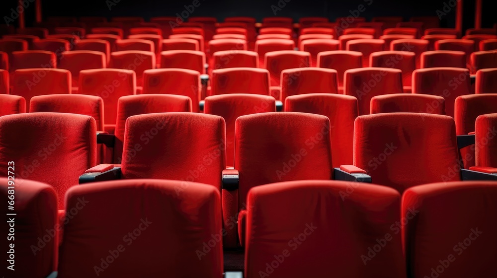 Fototapeta premium Close up of rows of red theatre seats at a cinema hall, front view