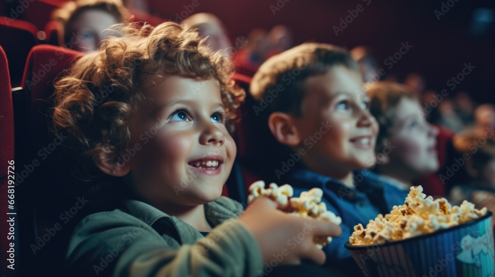 Close up portrait of smiling kids watching movie in a cinema theater and eating popcorn Close up portrait of smiling kids watching movie in a cinema theater and eating popcorn